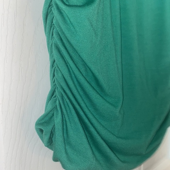 Charming Charlie Teal Green Knit Top Beaded Neckline Hip Rouching Size Medium - Picture 6 of 12